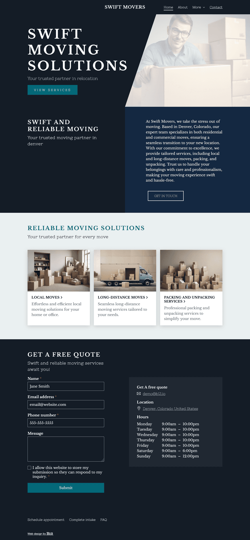 Design a website for our moving company based in Denver, Colorado, serving residential and commercial clients. The website should include a Services listing our local and long-distance moves and packing and unpacking services, Testimonials page, FAQs to help customers prepare for their move, a Blog with articles on topics like choosing the right moving company, and a Contact form for free quotes.