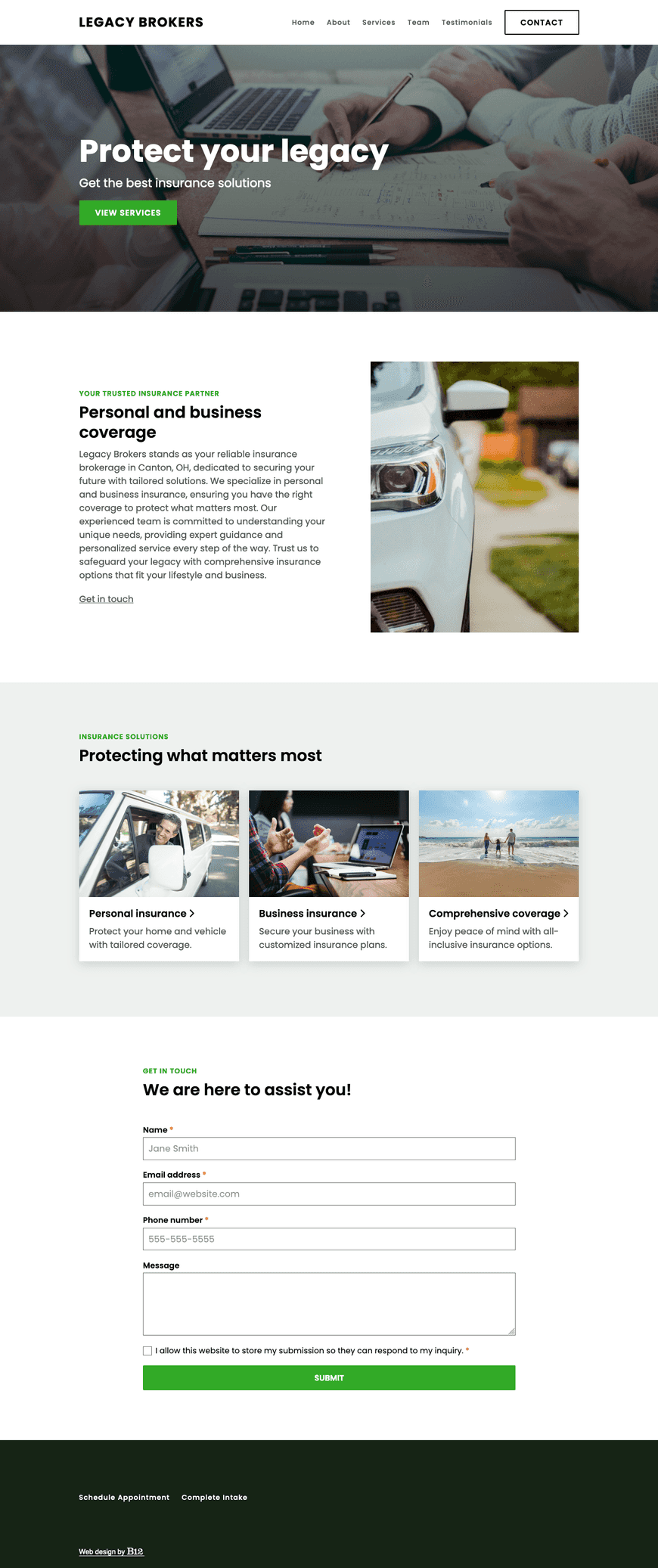 Our insurance brokerage in Canton, OH offers personal (home, auto) and business insurance.  The website should have an online quote request form, team bios for our president Simone Nguyen and agent Liam Smith, and feature client testimonials. 