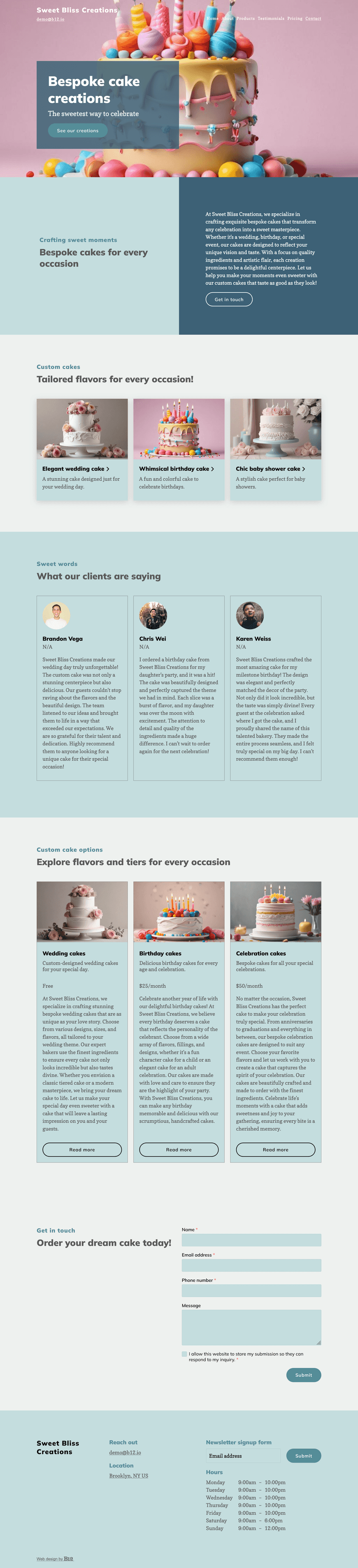 A bakery that makes bespoke cakes for weddings, birthdays, and celebrations. I want a one-page website with sections for: our custom cake options, flavors, and pricing tiers; photos of recent creations; customer testimonials; and a contact form for ordering inquiries.