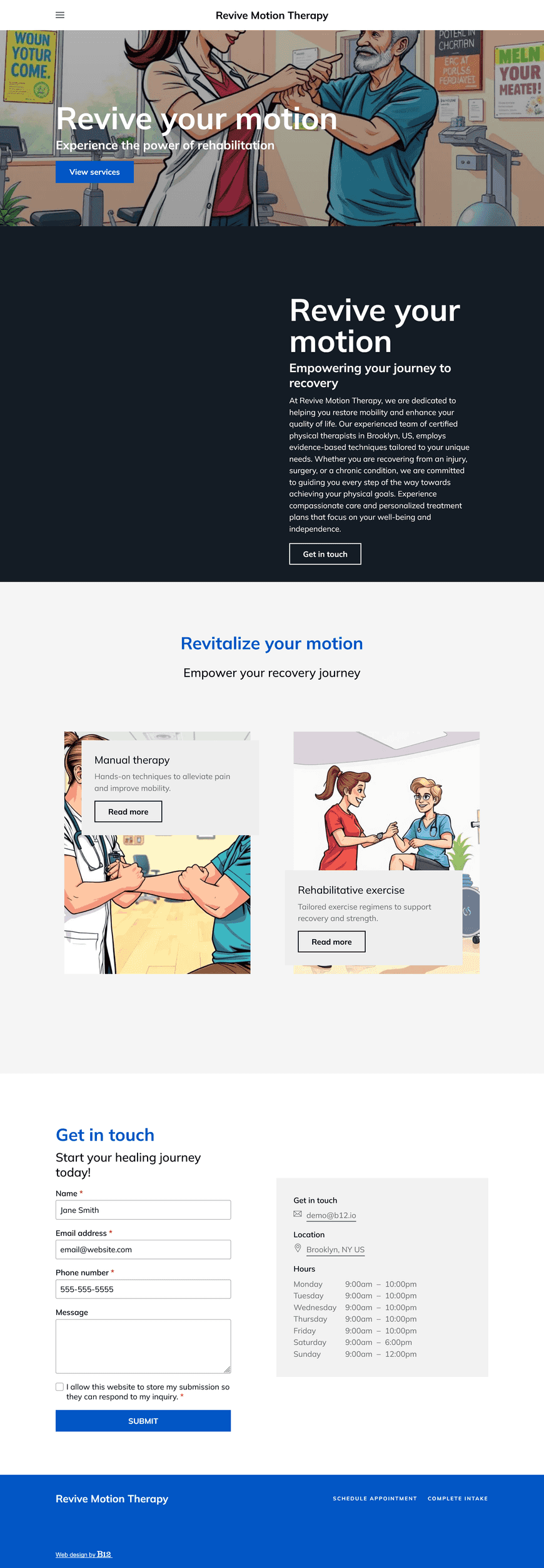 Create a professional website for our physical therapy clinic dedicated to helping clients restore mobility and improve their overall quality of life. Include a Team page introducing the clinic’s team of certified physical therapists, such as Dr. Laura Bennett (PT, DPT) and Dr. James Whitman (PT, MSPT), Services page, Testimonials page, Blog with posts like home exercise guides, and a Contact form with an appointment booking form.