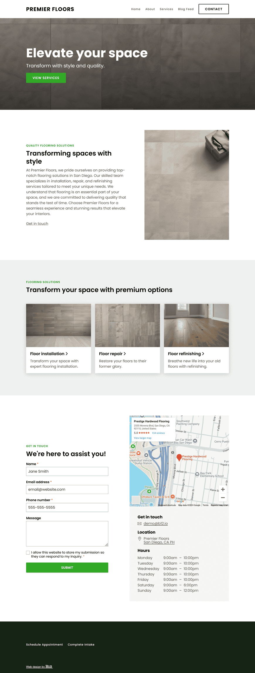 Create a professional and visually appealing website for our flooring business located in San Diego, CA. The website should include a Services page detailing the various flooring options available, including installation, repair, and refinishing services. Add a Blog with posts about flooring care. For the Contact page, include a service request form. 