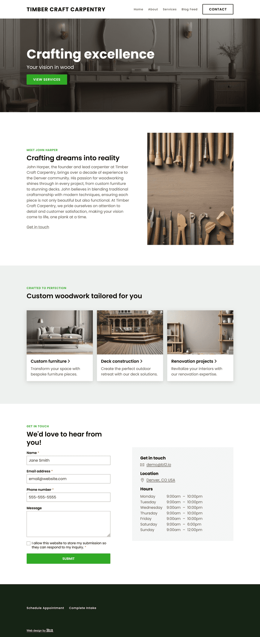Design a sleek and functional website for our professional carpentry business based in Denver, CO, specializing in custom woodwork. The website should have an About page introducing John Harper, the founder and lead carpenter, Services page featuring out offerings like custom furniture and deck construction, Blog section covering topics like DIY carpentry tips, and a Contact page with a scheduling form.