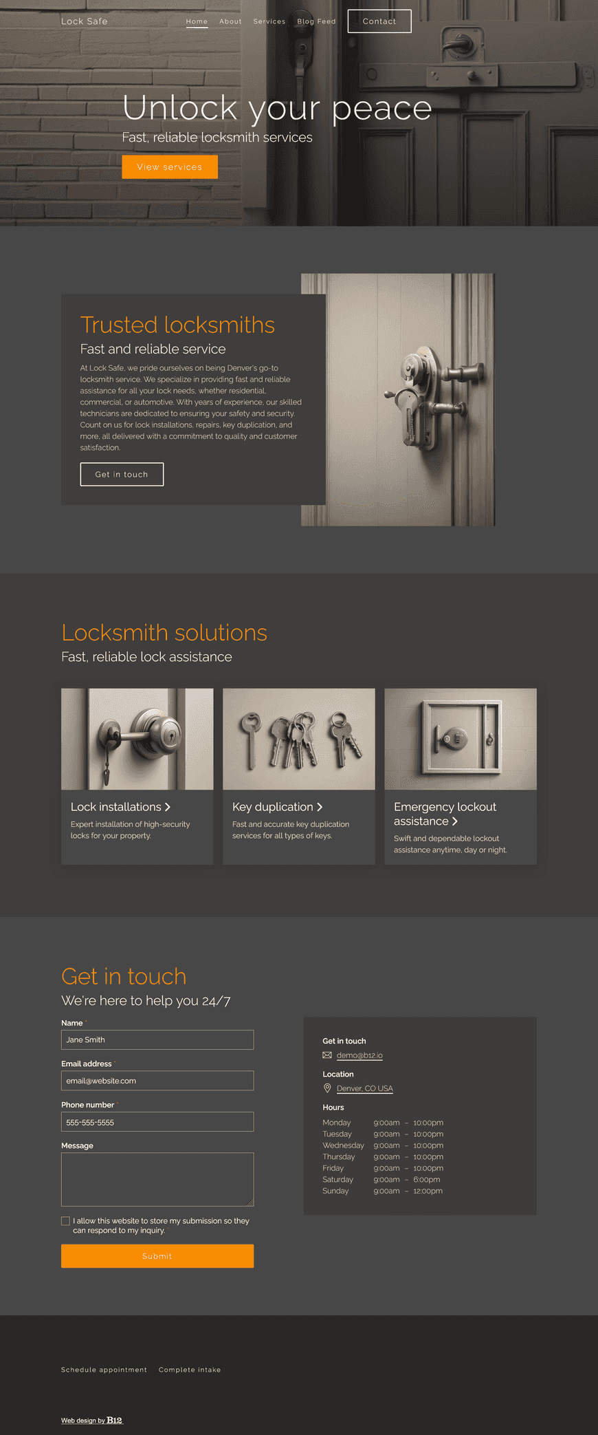 We’re a trusted locksmith service based in Denver, CO specializing in fast, reliable assistance for residential, commercial, and automotive lock needs. Design a professional website that includes an About page, a Services page outlining key offerings, such as lock installations and key duplication, a Blog page with security tips, and a Contact form.