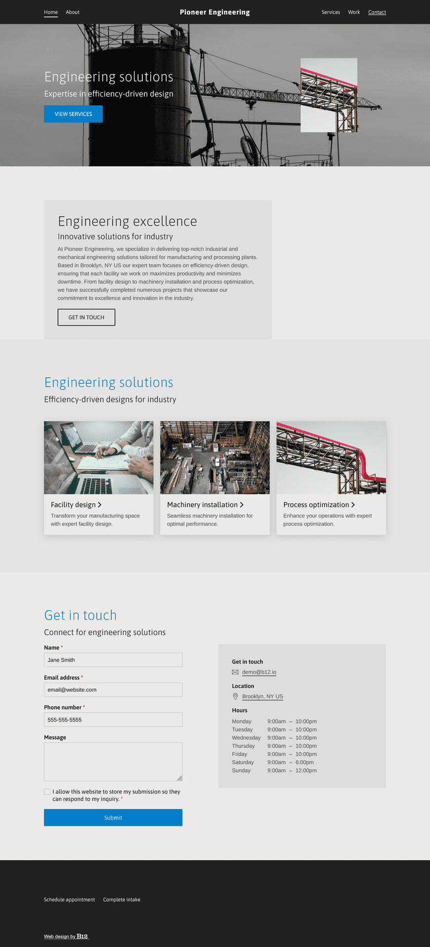 We provide industrial and mechanical engineering solutions for manufacturing and processing plants. Our services include facility design, machinery installation, and process optimization. The website should highlight our expertise in efficiency-driven design, showcase recent industrial projects, and a contact form.