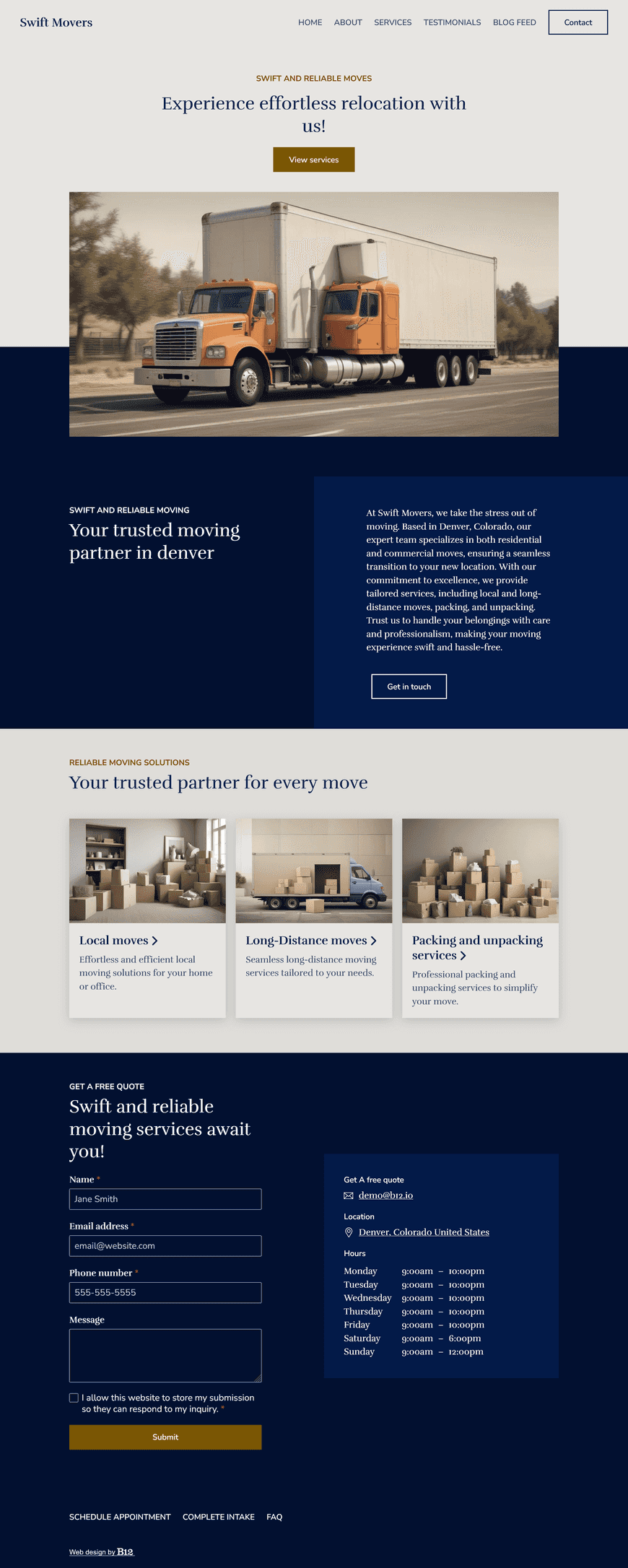 Design a website for our moving company based in Denver, Colorado, serving residential and commercial clients. The website should include a Services listing our local and long-distance moves and packing and unpacking services, Testimonials page, FAQs to help customers prepare for their move, a Blog with articles on topics like choosing the right moving company, and a Contact form for free quotes.
