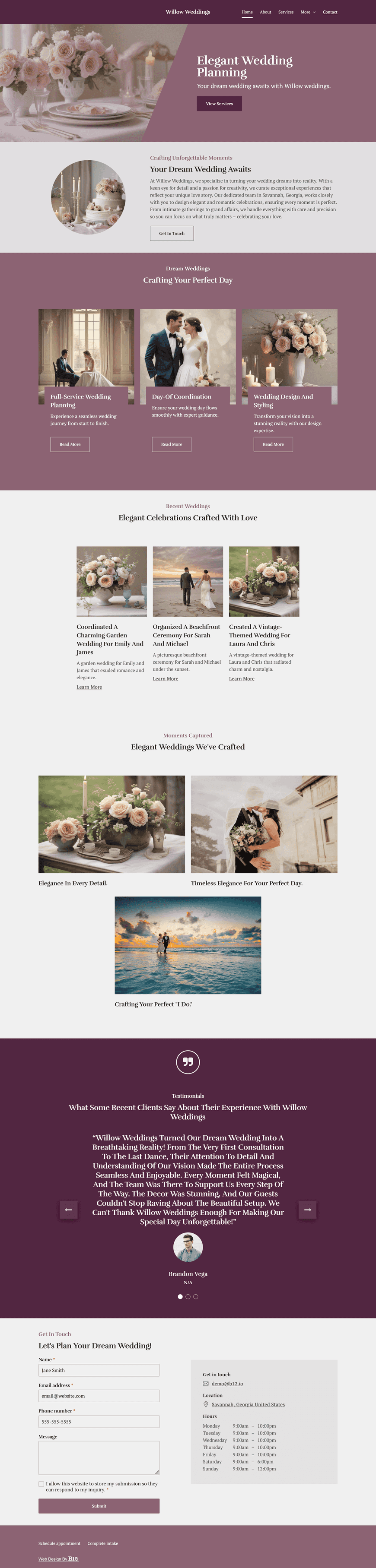 Design a romantic and elegant website for a wedding planner based in Savannah, Georgia. Use pastel tones, serif typography, and high-quality photography. Include service packages, a portfolio of past weddings, client reviews, and a contact form for consultations.
