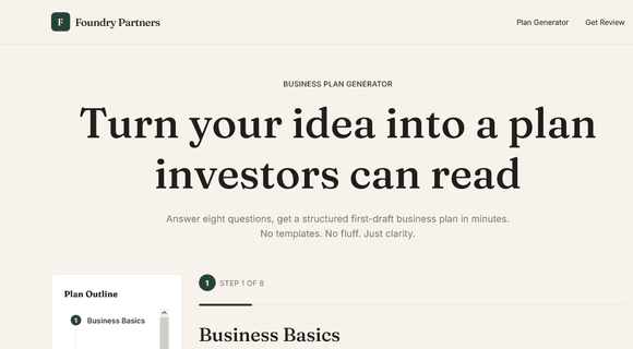 AI business plan generator homepage
