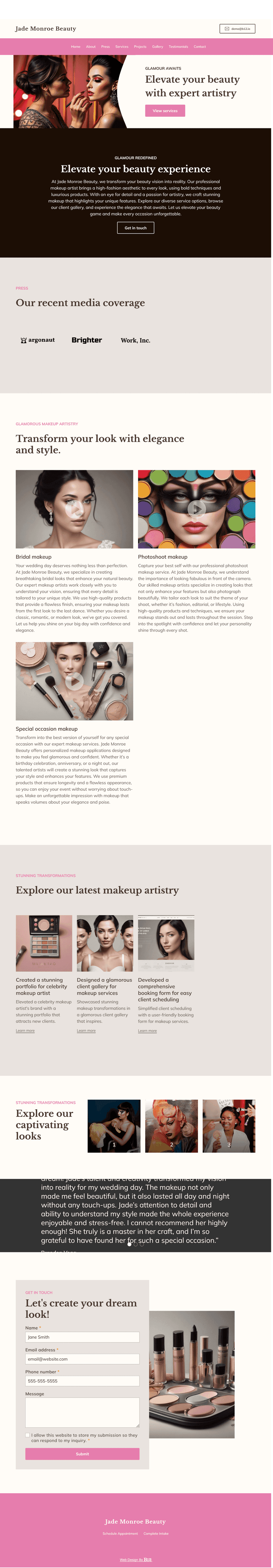 Design a glamorous and visually stunning portfolio site for a professional makeup artist based in Los Angeles. Use a high-fashion aesthetic with bold photography, luxe typography, and soft pink or gold accents. Include service options, client gallery, bio, press features, and booking form.