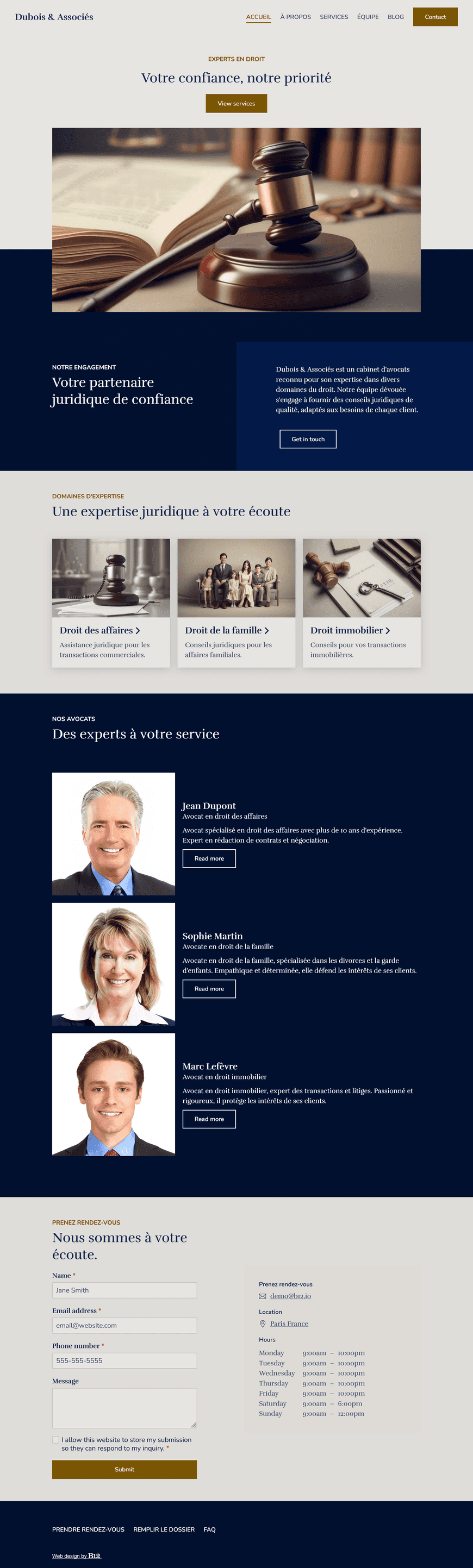 Créez un site professionnel et fiable pour le cabinet d'avocats Dubois & Associés. Le site doit comporter des pages pour les domaines d’expertise (droit des affaires, droit de la famille, droit immobilier), une biographie de l’équipe juridique, une section FAQ, un blog d’actualités juridiques et un formulaire de prise de rendez-vous. L’apparence du site doit évoquer autorité, clarté et confidentialité.