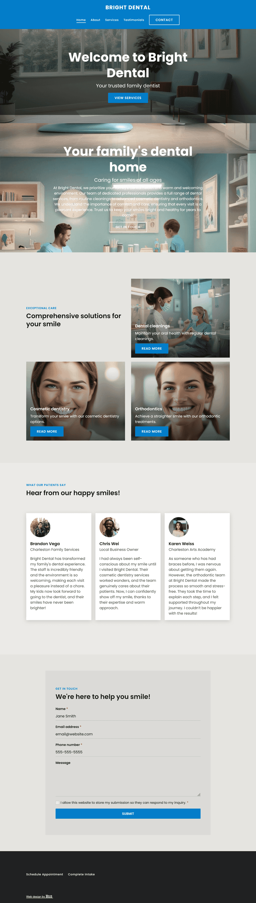 Design a welcoming and professional website for Bright Dental, a family-friendly dental clinic located in Charleston, South Carolina. Incorporate soft blues, calming imagery, and curved design elements to reflect comfort and care. Include sections for services (cleanings, cosmetic dentistry, orthodontics), patient testimonials, insurance info, and online appointment booking. 