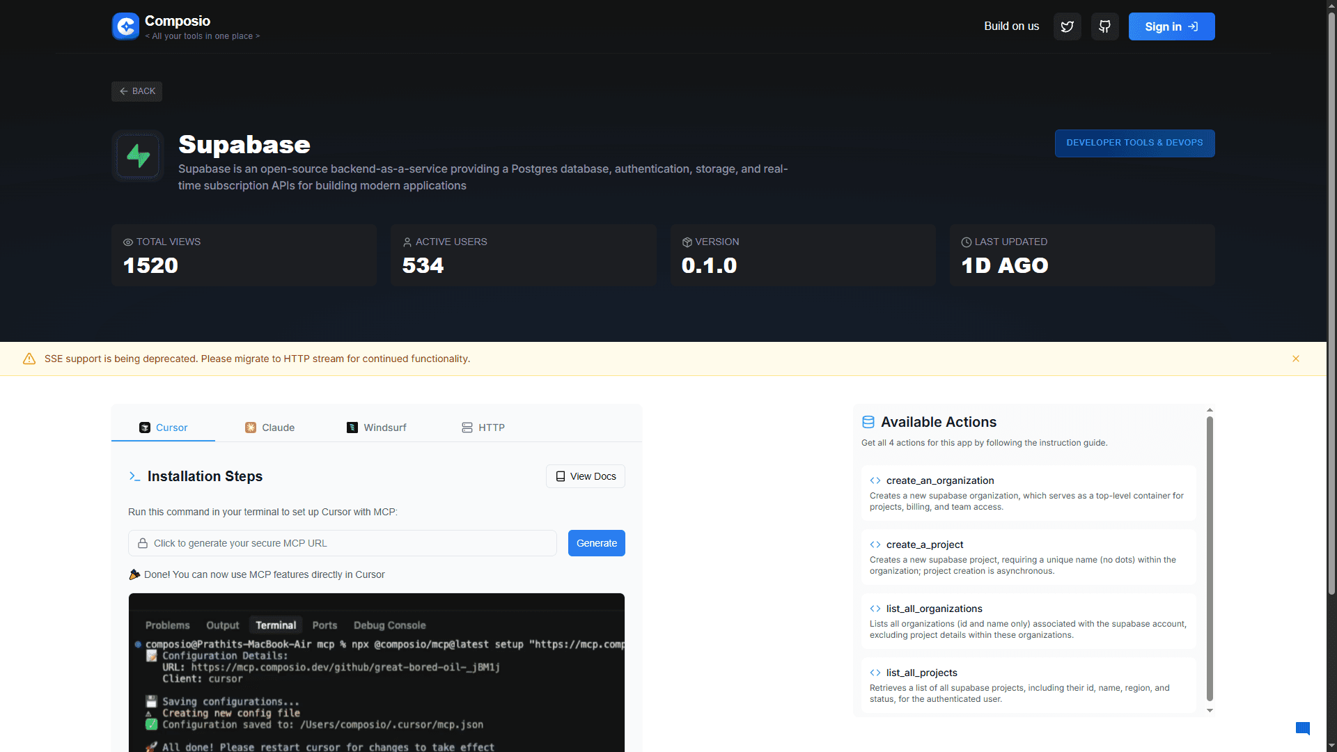 Supabase - Database Integration via MCP Server