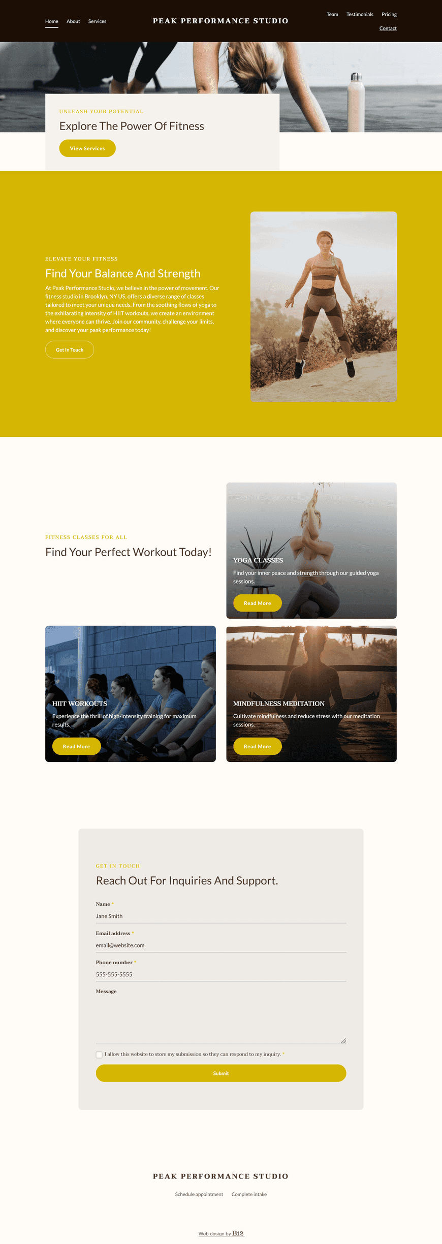 Our fitness studio offers a variety of classes, from calming yoga to high-intensity HIIT workouts. We need a minimalist website that features our membership options, client testimonials, a contact form, and detailed instructor profiles for lead trainer Amanda Green and certified yoga instructor Carlos Reyes. 