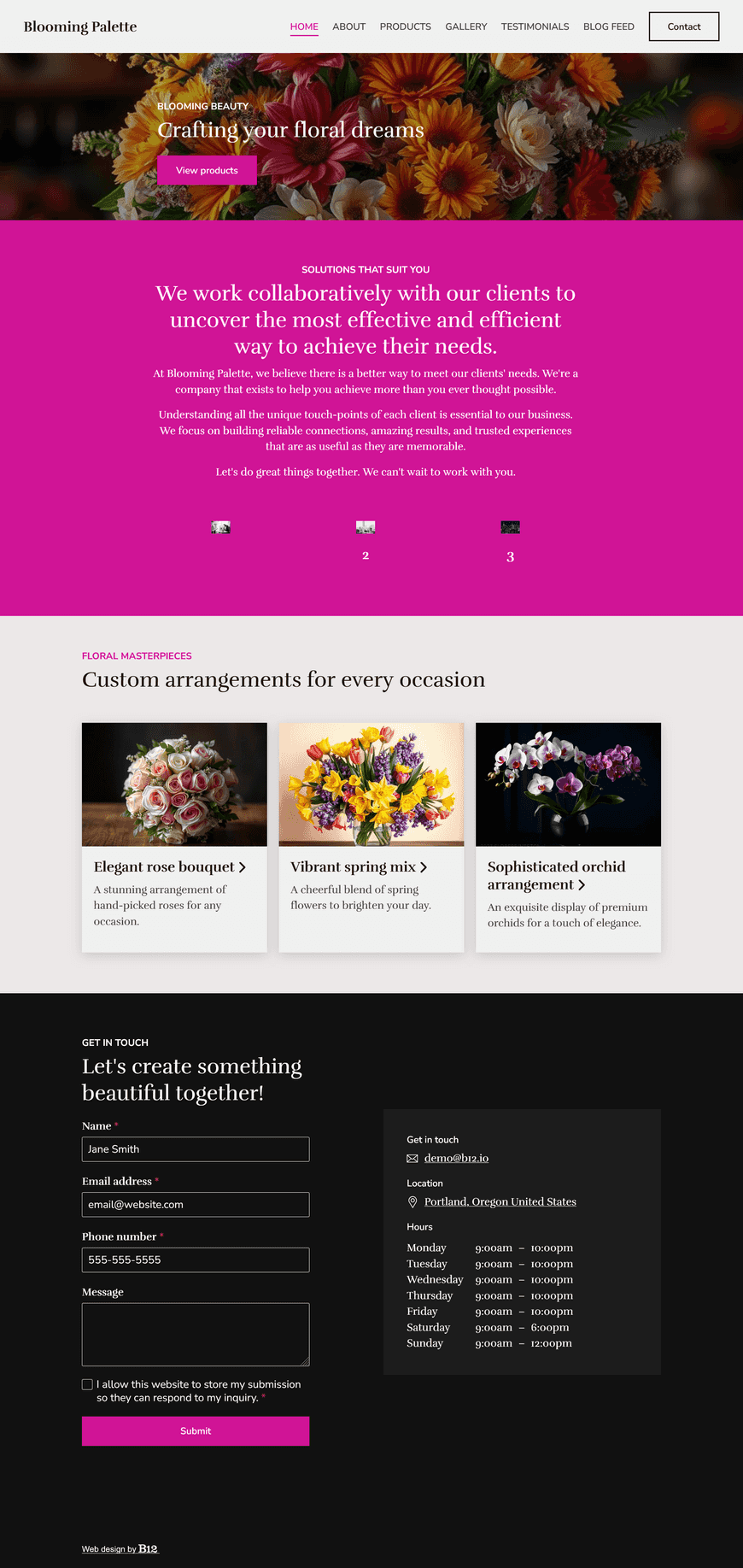 Design a website for our boutique florist located in Portland, Oregon, specializing in custom floral arrangements. The website should include a Products page, a Gallery of our recent work, Testimonials, Blog with posts on floral care tips and seasonal flower guides, and a Contact form with online booking.The design should use a soft pastel color palette and inviting typography. 