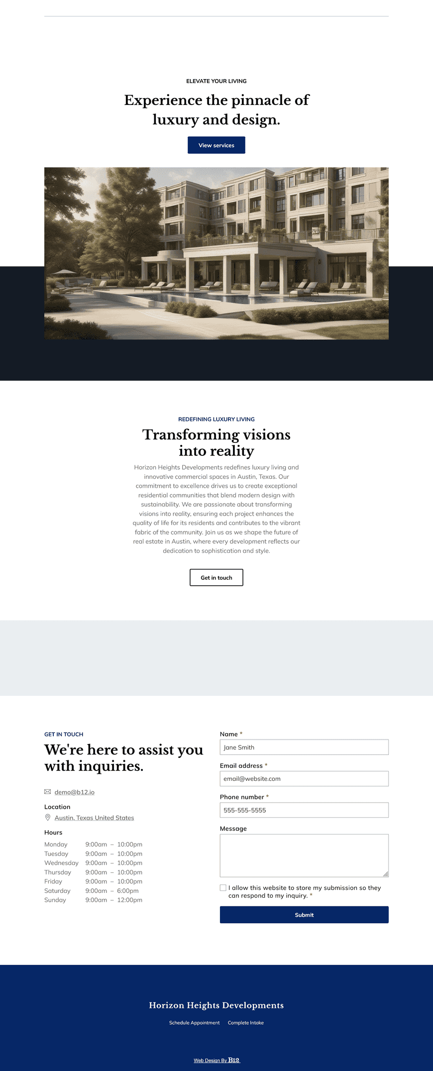 Design a website for our real estate development company headquartered in Austin, Texas, specializing in luxury residential communities and innovative commercial spaces. The website should include a Team page with key members such as Emily Bradford (CEO), Services page, Portfolio page, Blog with insights on real estate trends, and a Contact form for inquiries.