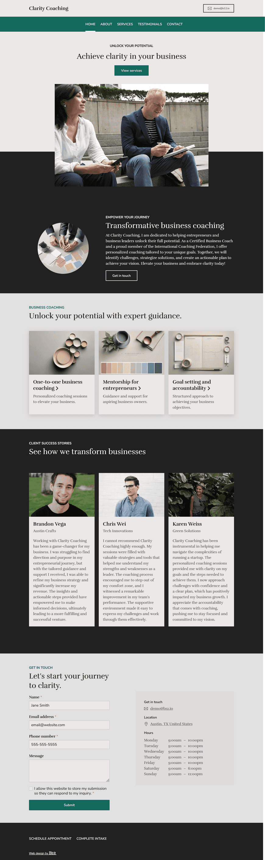 I'm a Certified Business Coach based in Austin, TX. I provide one-to-one business coaching and mentoring. Create a minimalist website showcasing my credentials (membership in the International Coaching Federation) and detailing my services. I want a Testimonials page and a Contact form.