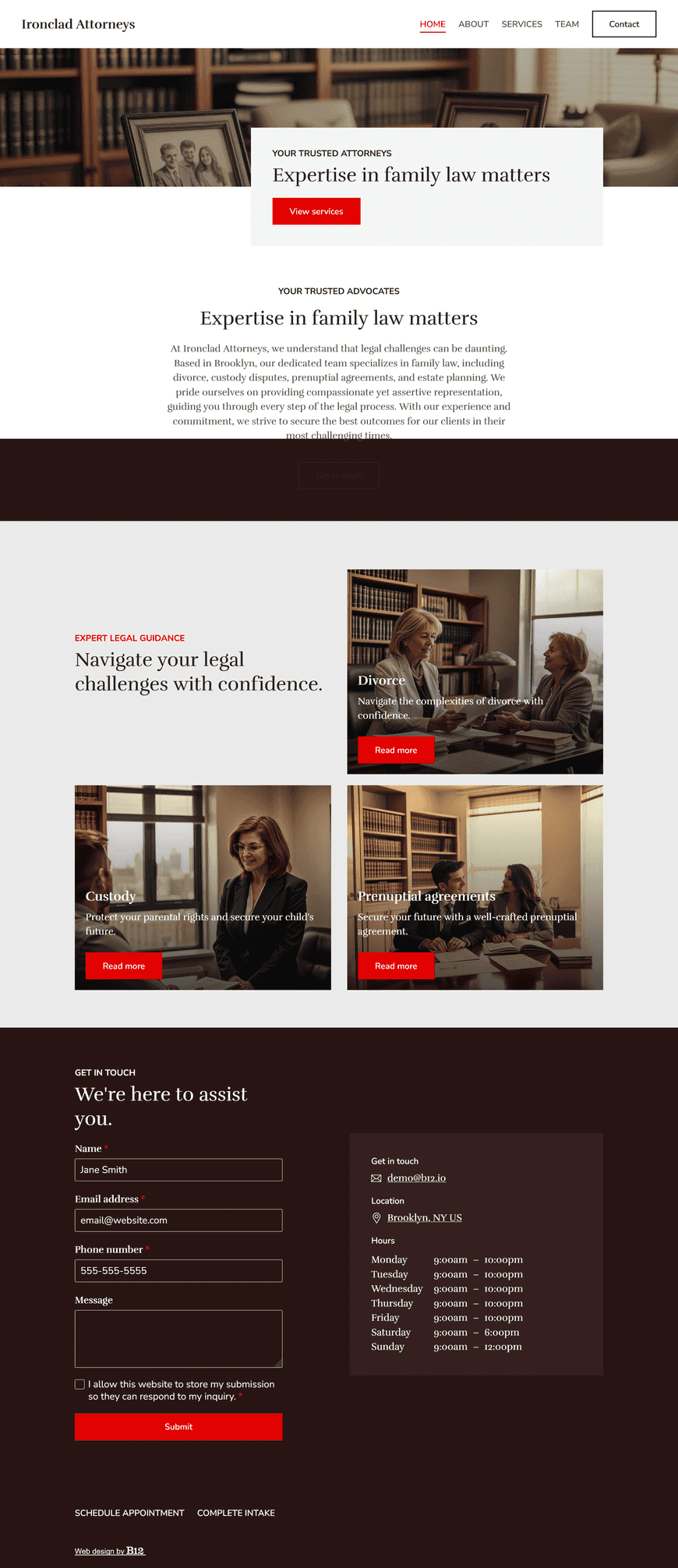 Our law firm needs a website that highlights practice areas: divorce, custody, prenuptial agreements, estates. Include a Team page for partners Peter Gray and Lisa Hamilton, and a contact form for new inquiries.