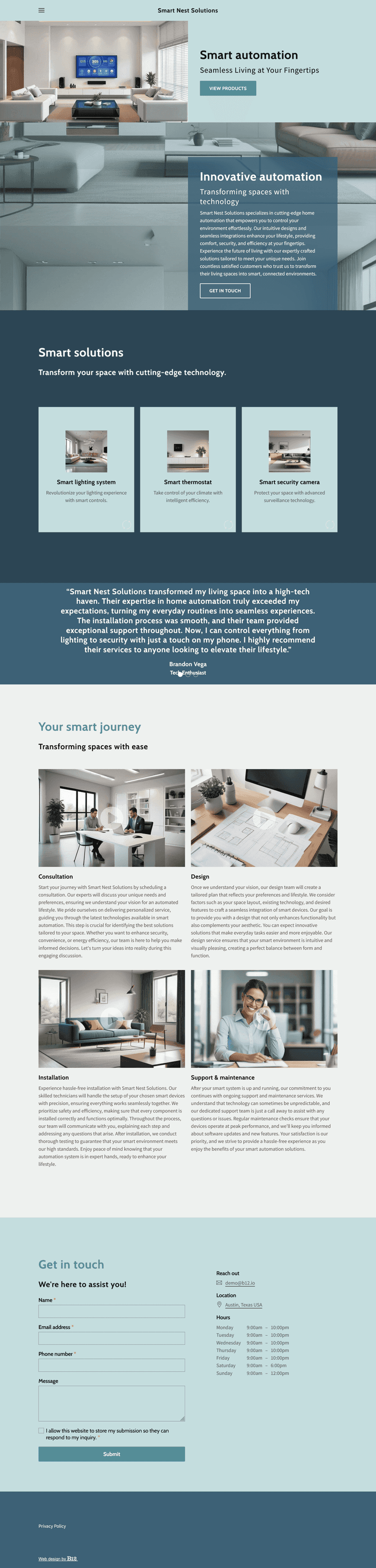 Design a sleek and intuitive website for Smart Nest Solutions, a home automation provider based in Austin, Texas. Incorporate modern tech visuals, clean lines, and easy navigation. Feature product showcases, installation services, customer testimonials, and a smart home blog.