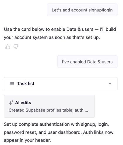 B12's AI agent task log showing it created a Supabase profiles table and authentication for a client login