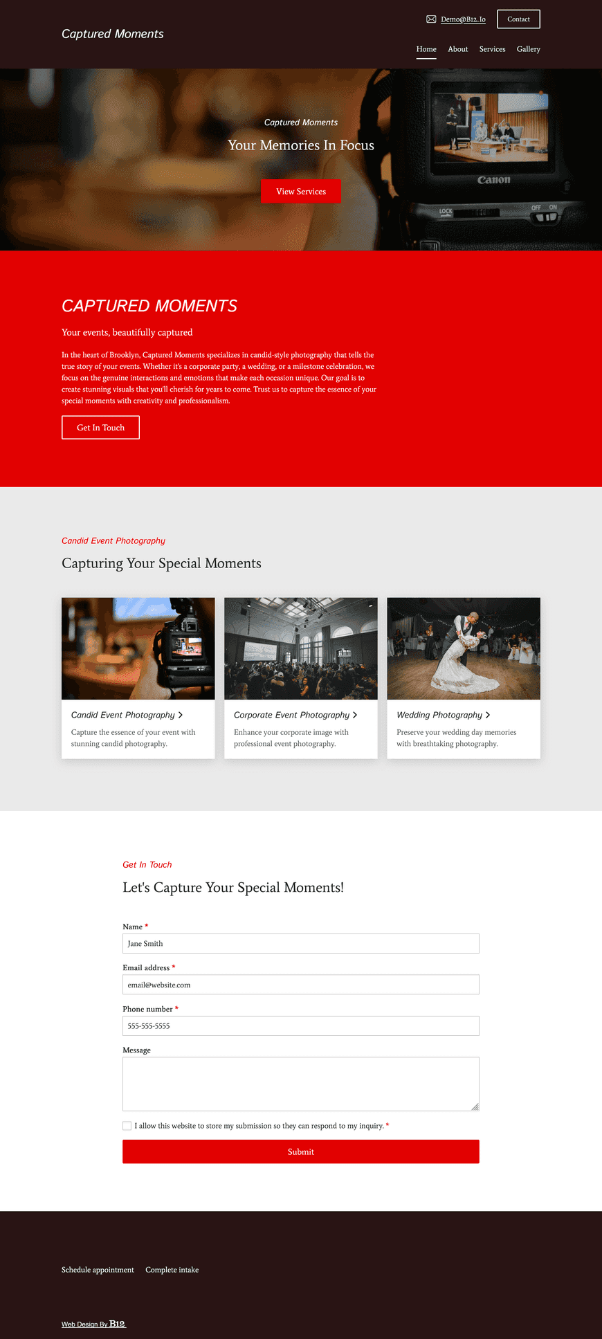 I offer candid-style event photography for corporate parties, weddings, and milestone celebrations. Create a minimalist website with a beautiful gallery and a form for booking my services.