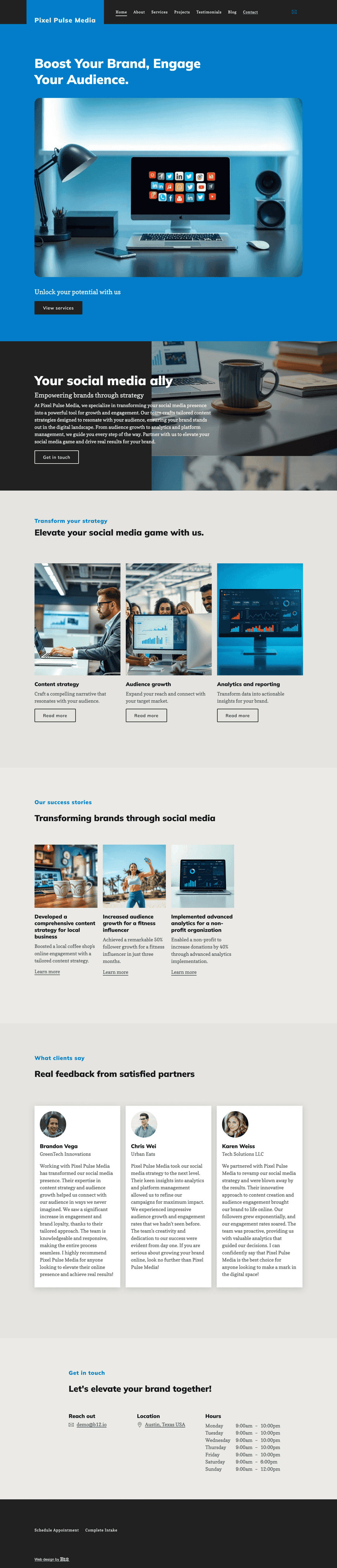 Build a sleek, modern site for Pixel Pulse Media, a social media consultancy based in Austin, Texas. Focus on showcasing services like content strategy, audience growth, analytics, and platform management. Include client testimonials, a portfolio of past campaigns, a booking form, and a blog with practical tips. Use vibrant colors and dynamic layouts.