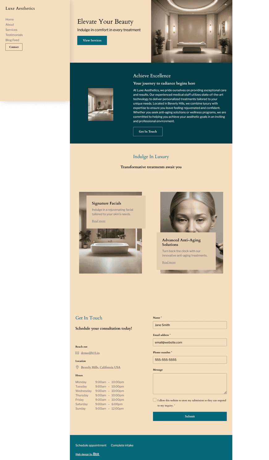 Create a luxurious, professional website for a medical spa located in Beverly Hills, California. Include key pages such as About Us (highlighting the spa's experienced medical staff and state-of-the-art technology), Services (describing treatments like facials, anti-aging solutions, and wellness programs), Testimonials, Blog (offering skincare tips and wellness advice), and Contact (with online booking capabilities and a consultation form). 