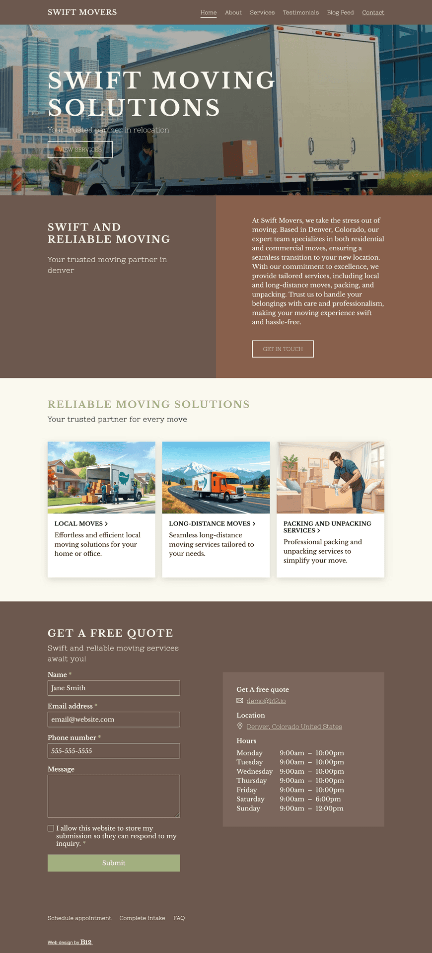Design a website for our moving company based in Denver, Colorado, serving residential and commercial clients. The website should include a Services listing our local and long-distance moves and packing and unpacking services, Testimonials page, FAQs to help customers prepare for their move, a Blog with articles on topics like choosing the right moving company, and a Contact form for free quotes.