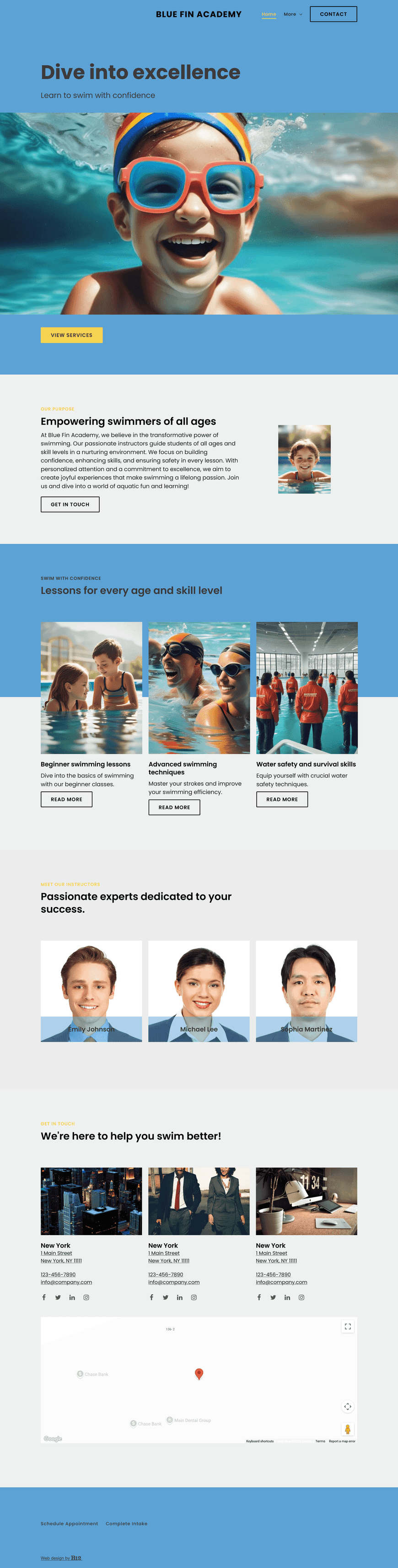 Create a friendly and trust-building website for Blue Fin Academy, a swimming school based in Tampa, Florida offering lessons for all ages and skill levels. Use aquatic colors, playful wave motifs, and real photos of instructors and students. Include class schedules, team page for instructor bios, enrollment forms, and safety certifications.