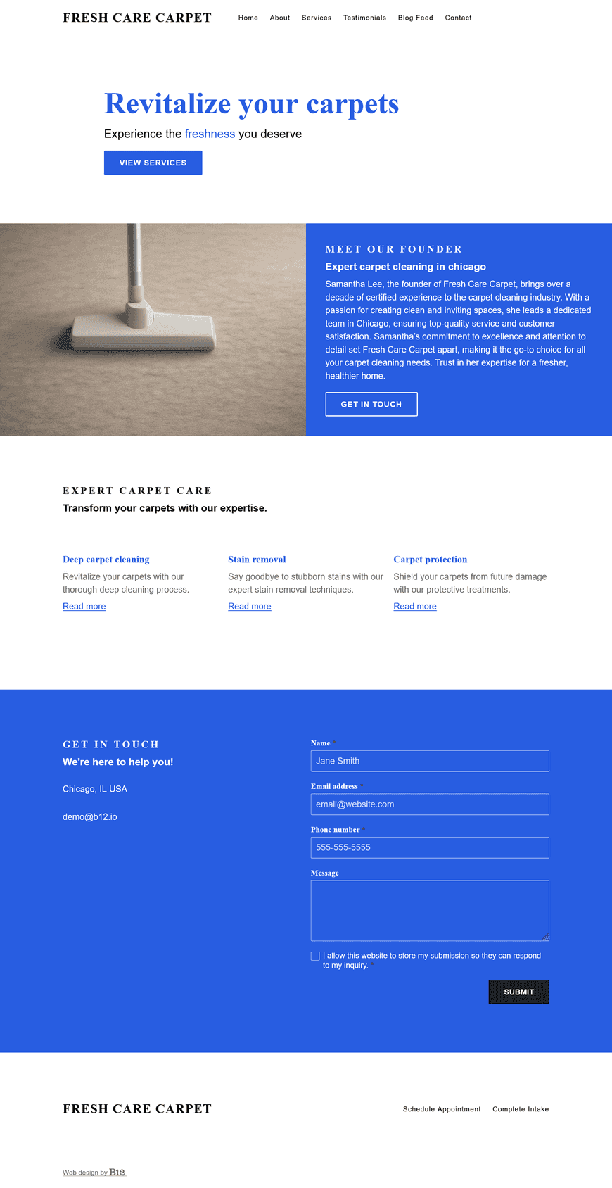 Design a professional and inviting website for our carpet cleaning service based in Chicago, IL. The website should have an About page featuring the company’s founder, Samantha Lee, a certified cleaning expert with over 10 years of experience in the industry, Services page, Testimonials page, Blog posts about choosing the best carpet cleaning service, and a Contact page.