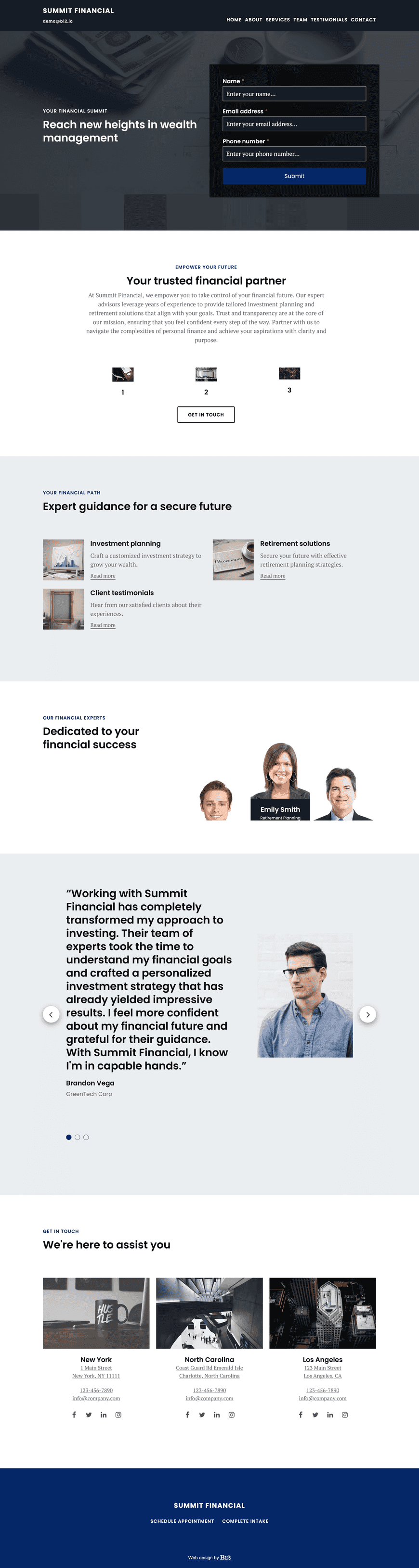 Design a professional and trustworthy website for a financial advisory firm based in Charlotte, North Carolina. Use blue and white colors with a clean layout that conveys stability and reliability. Include sections for investment planning, retirement solutions, team bios, client testimonials, and a secure contact form. 