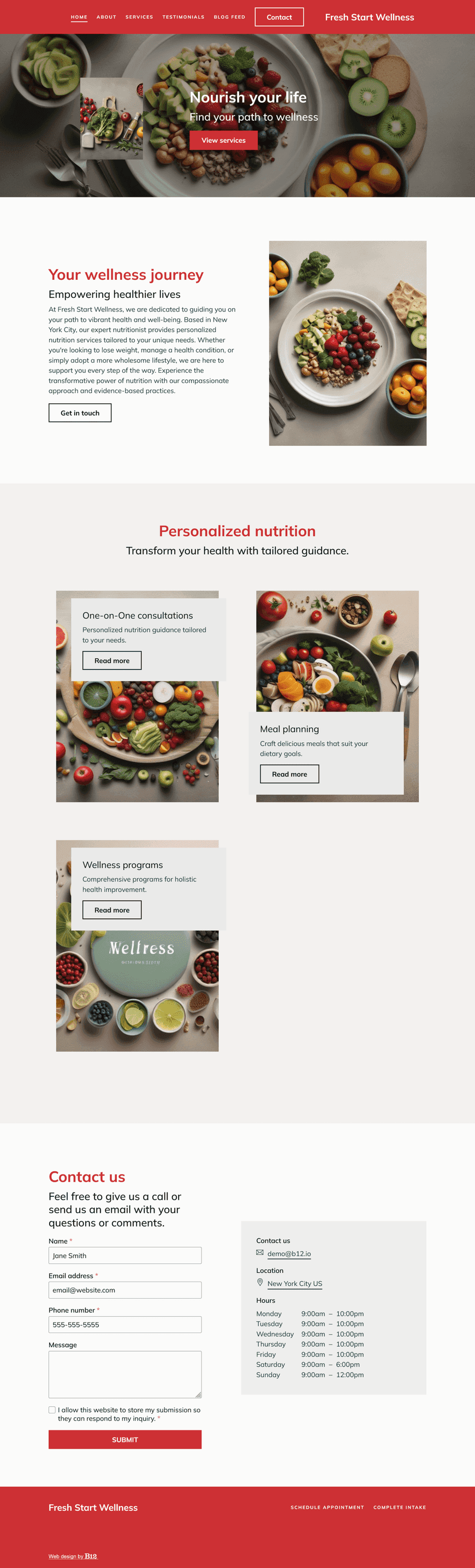 Design a welcoming, informative website for a nutritionist based in New York City. The site should include key sections such as an About Us page, Services (describing one-on-one consultations, meal planning, and wellness programs), Blog (offering healthy recipes, nutritional advice, and lifestyle tips), Testimonials, and Contact.