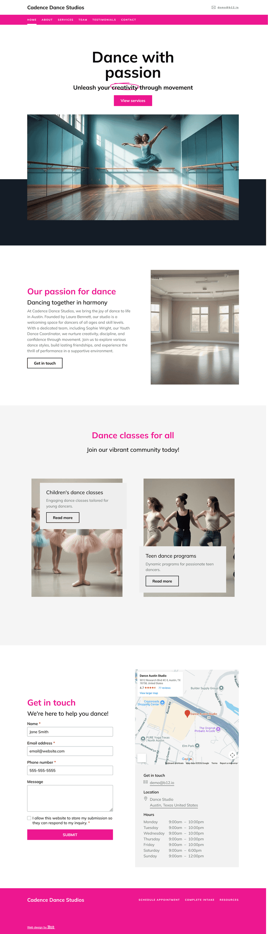 Design a website for our dance studio, located in Austin, Texas, offering dance classes for all ages and skill levels. The website include an About page showing key team members, such as Laura Bennett (Owner/Artistic Director) and Sophie Wright (Youth Dance Coordinator), Services page highlighting dance classes for children, teens, and adults, Testimonials, Resources on tips for preparing for performances, and a Contact page. 