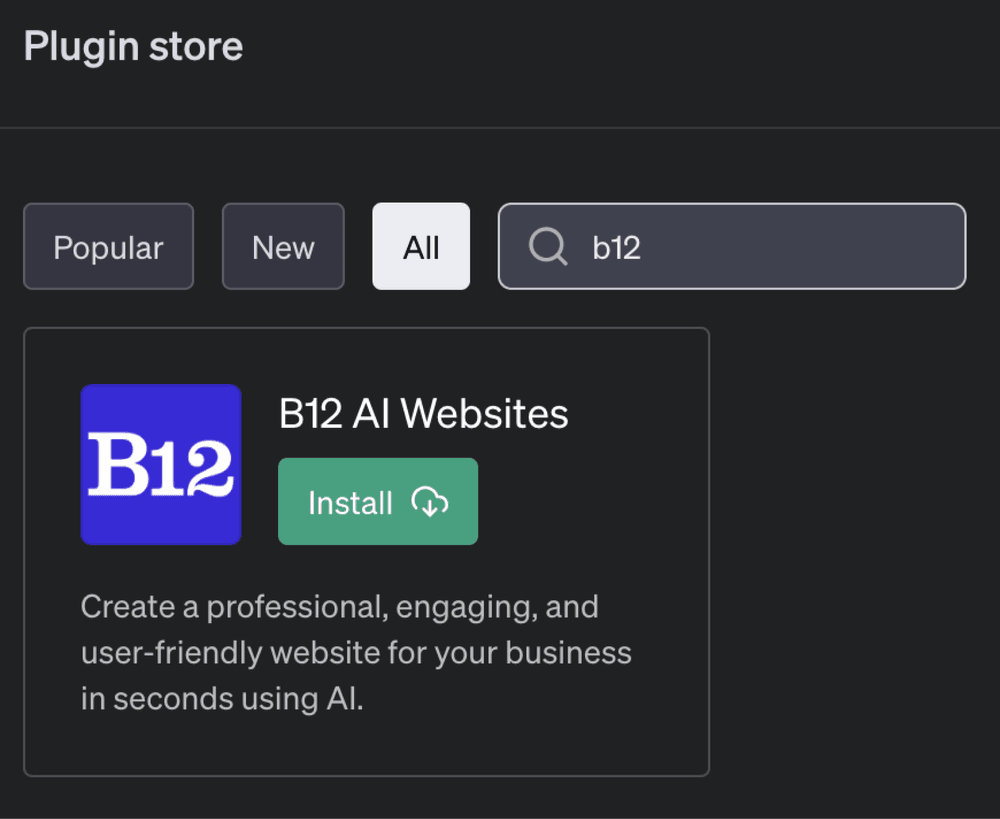 A screenshot of the B12 AI Websites ChatGPT plugin in the plugin store