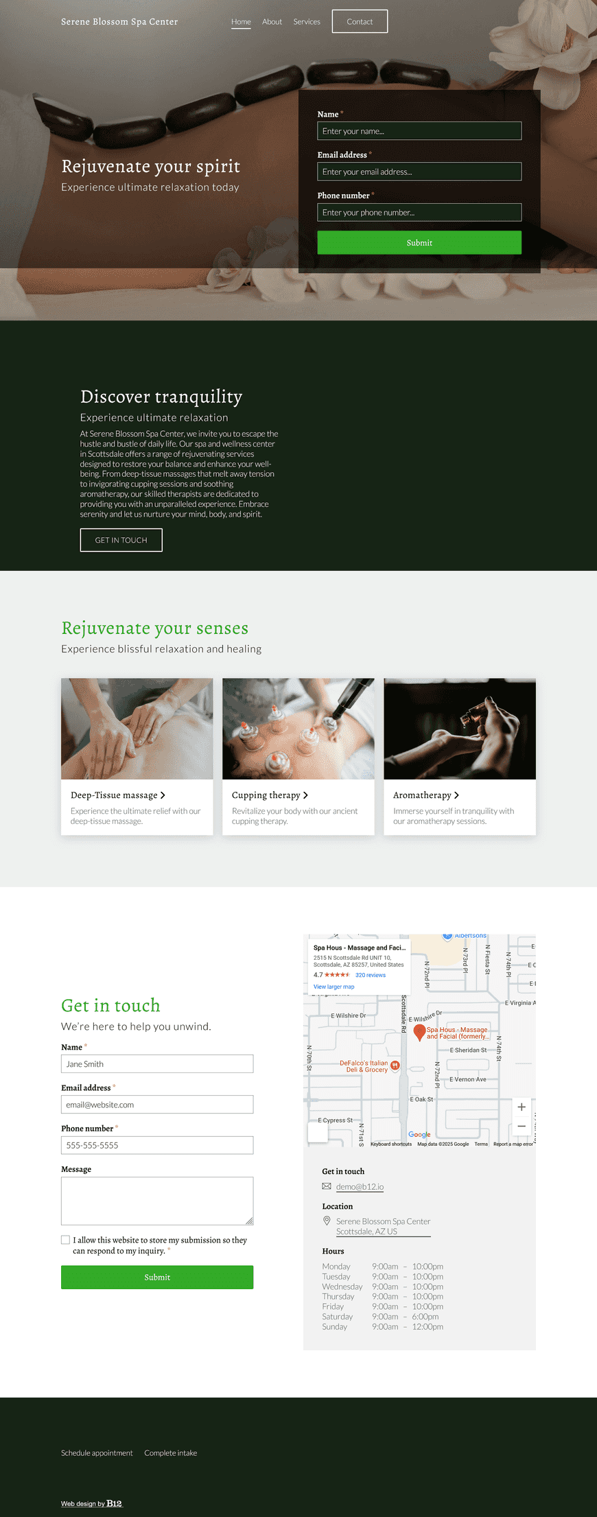 Our spa and wellness center in Scottsdale offers a range of rejuvenating services, including deep-tissue massage, cupping, and aromatherapy. We need a calming website with online booking, a services page with details on gift cards and group packages for bridal parties and retreats.