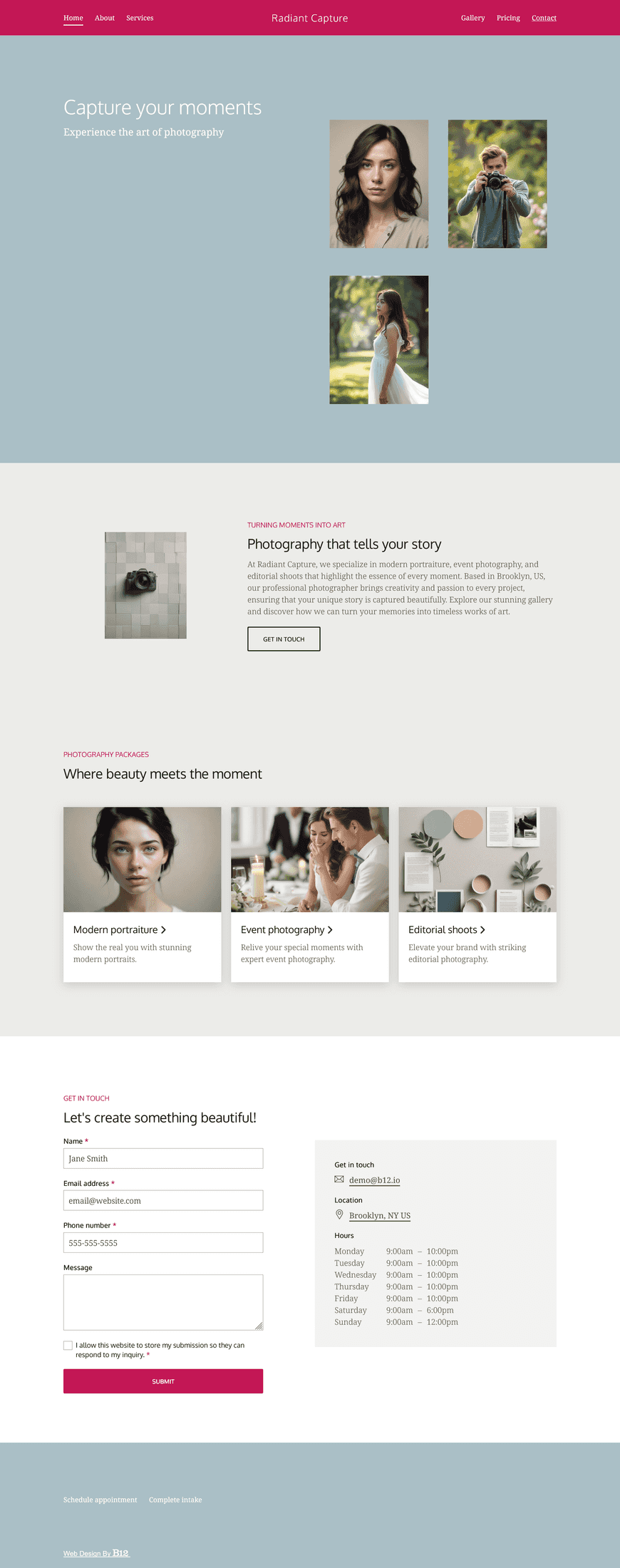 I am a professional photographer specializing in modern portraiture, event photography, and editorial shoots. I need a website with a captivating gallery, categorized by portraits, events, and editorials. Include a Services page with detailed pricing, as well as a prominent Contact form. 