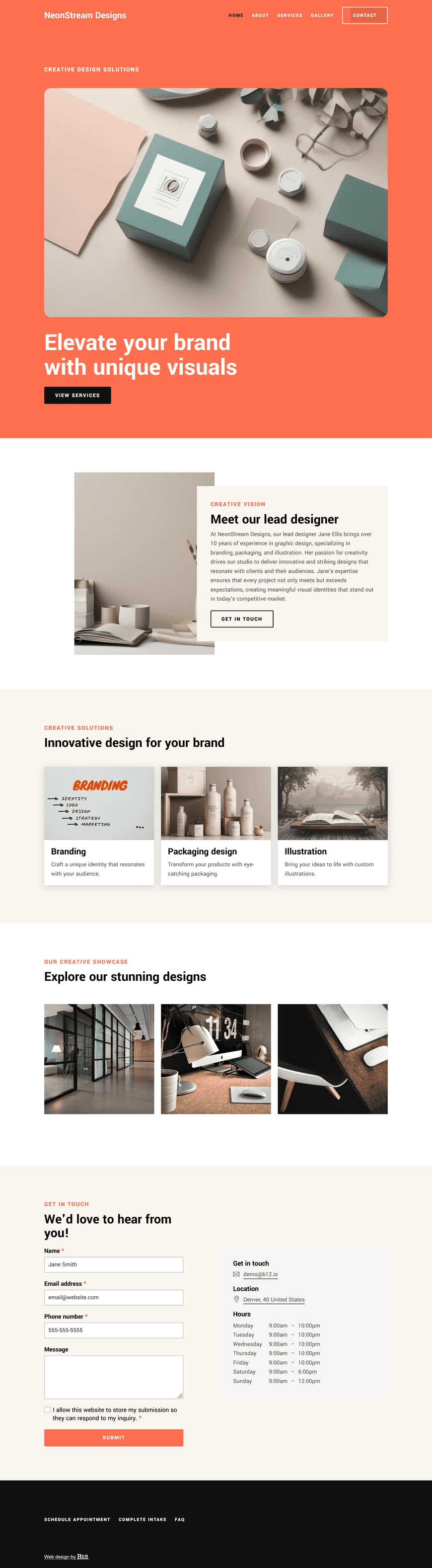 Our Denver-based graphic design studio, NeonStream Designs, specializes in branding, packaging, and illustration. Build a modern website that includes a Gallery page, a Services page, and an FAQs page. Add an About page featuring our lead designer, Jane Ellis, and her 10+ years of experience.