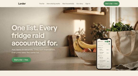Grocery list app homepage