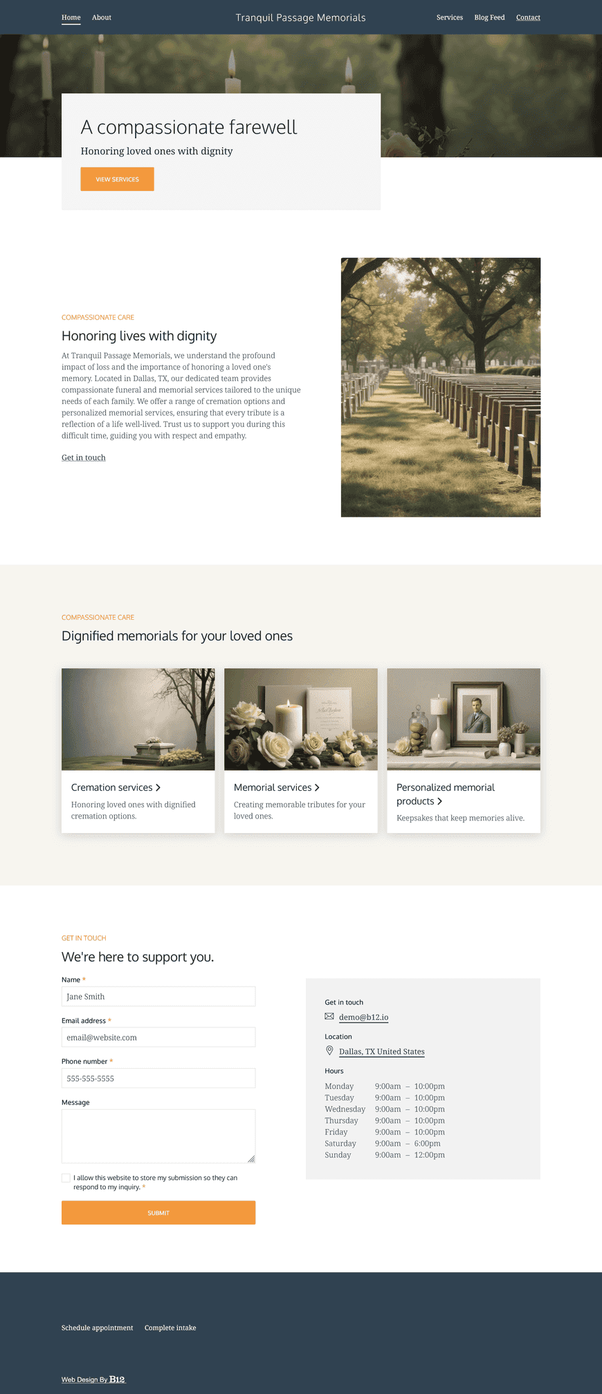 Design a respectful and compassionate website for our funeral home dedicated to providing dignified funeral and memorial services to families in Dallas, TX. The website should include a Services page listing our cremation options and memorial services, Blog with posts on topics such as memorial ideas and coping with loss, and a Contact form.