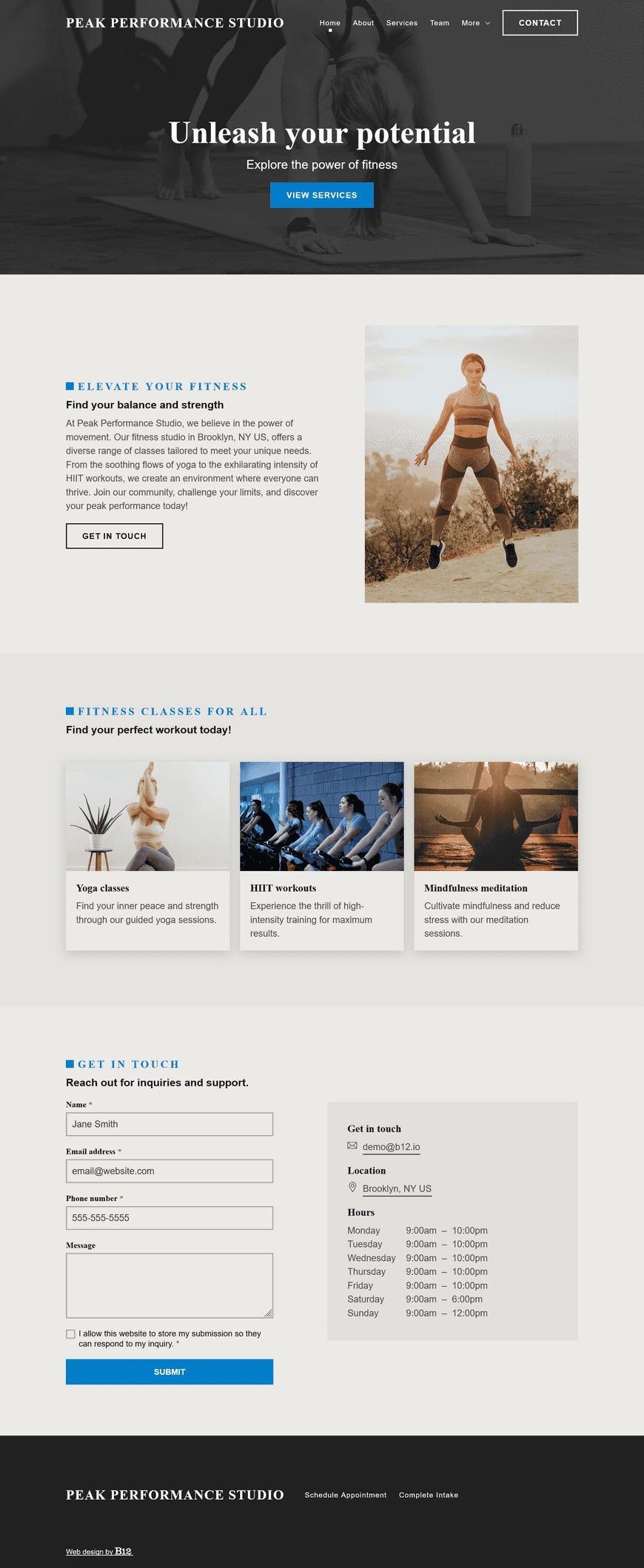 Our fitness studio offers a variety of classes, from calming yoga to high-intensity HIIT workouts. We need a minimalist website that features our membership options, client testimonials, a contact form, and detailed instructor profiles for lead trainer Amanda Green and certified yoga instructor Carlos Reyes. 