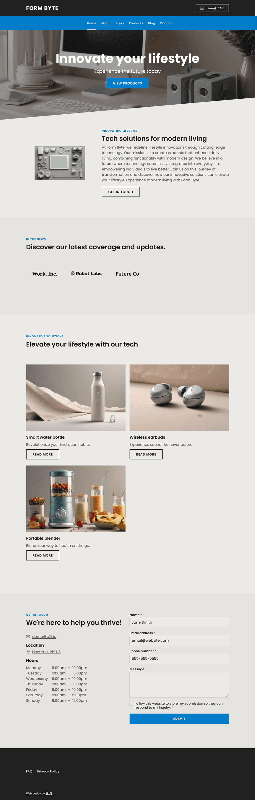 Build a clean and modern website for Form Byte, a tech startup focused on lifestyle innovations. Use minimalist photography, sharp product shots, and structured layouts. Include product pages, FAQs, a company blog, and a press kit.