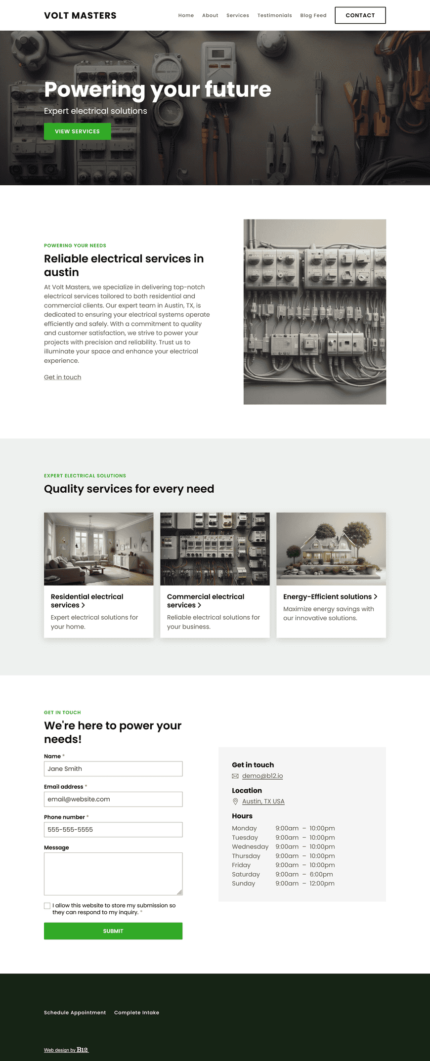 Create a modern and professional website for our electrical contractor company based in Austin, TX. The website should include a Services page covering residential and commercial electrical services, a Testimonials page, a Blog featuring articles on energy-efficient technologies, and a Contact form.
