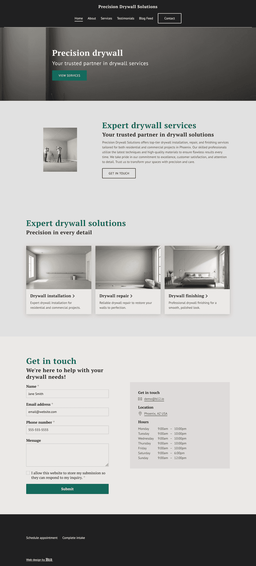 Design a professional and informative website for our drywall business based in Phoenix, AZ specializing in residential and commercial drywall installation, repair, and finishing services. The website should include a Services page, Testimonials page, Blog featuring articles about common drywall issues, DIY repair tips, and trends in drywall finishing, and Contact page.