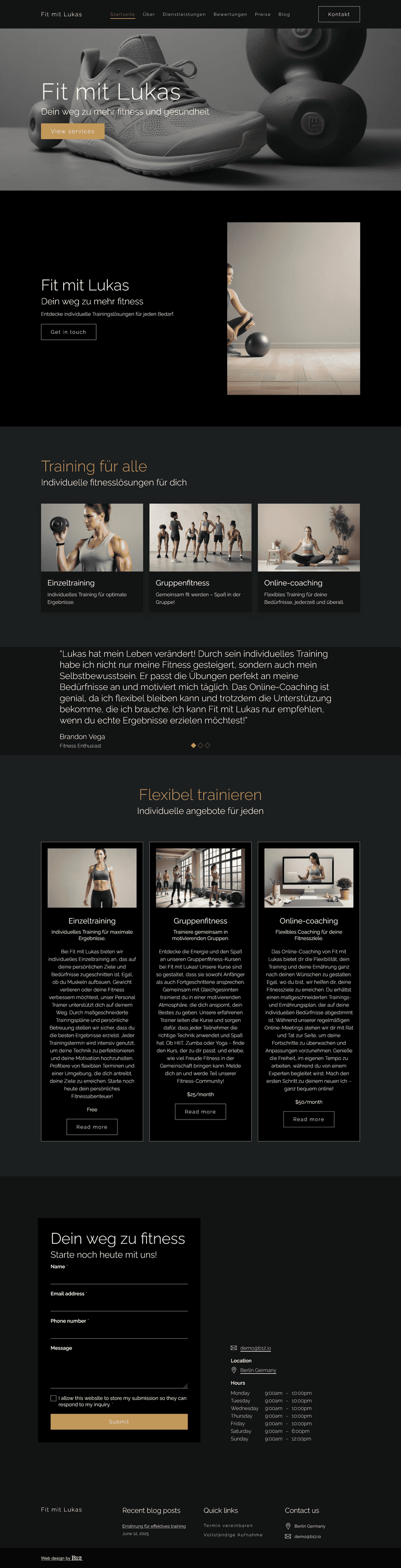 Erstelle eine dynamische Website für den Personal Trainer Fit mit Lukas. Die Website soll eine Übersicht der Trainingsangebote (Einzeltraining, Gruppenfitness, Online-Coaching), eine Seite mit Kundenmeinungen, einen Buchungskalender, ein Blog mit Ernährungstipps und eine Preisseite enthalten. Das Design soll motivierend, klar und energiegeladen wirken.