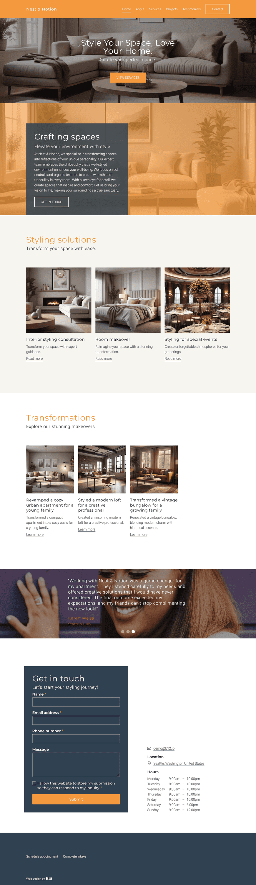 Create a polished and welcoming website for Nest & Notion, a home styling service based in Seattle, Washington. Use soft neutrals, organic textures, and aspirational interior photography. Include a portfolio of past makeovers, a booking form, testimonials from satisfied clients, and a section outlining our styling philosophy.