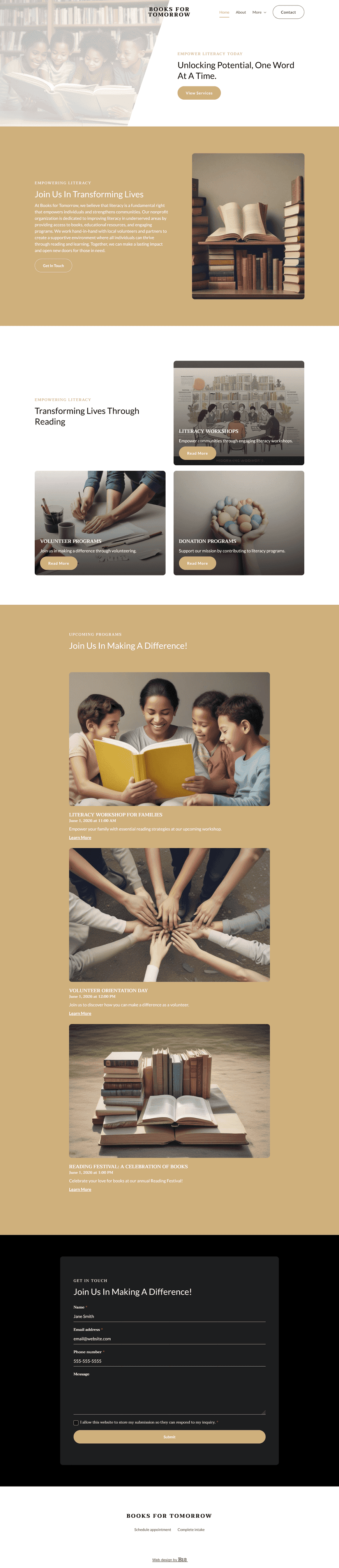 Design a welcoming and informative website for a nonprofit organization based in Brooklyn focused on improving literacy in underserved communities. Use warm colors, clear structure, and real photography. Include program details, volunteer opportunities, donation options, and a blog with community stories.
