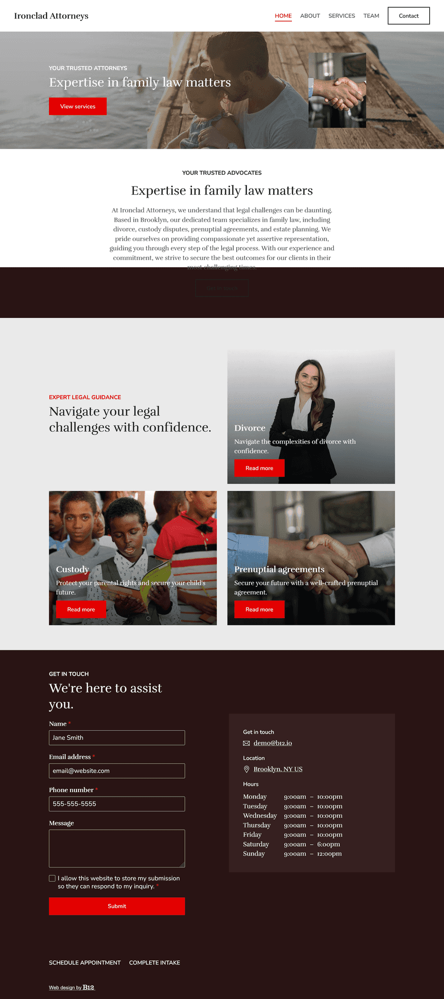 Our law firm needs a website that highlights practice areas: divorce, custody, prenuptial agreements, estates. Include a Team page for partners Peter Gray and Lisa Hamilton, and a contact form for new inquiries.