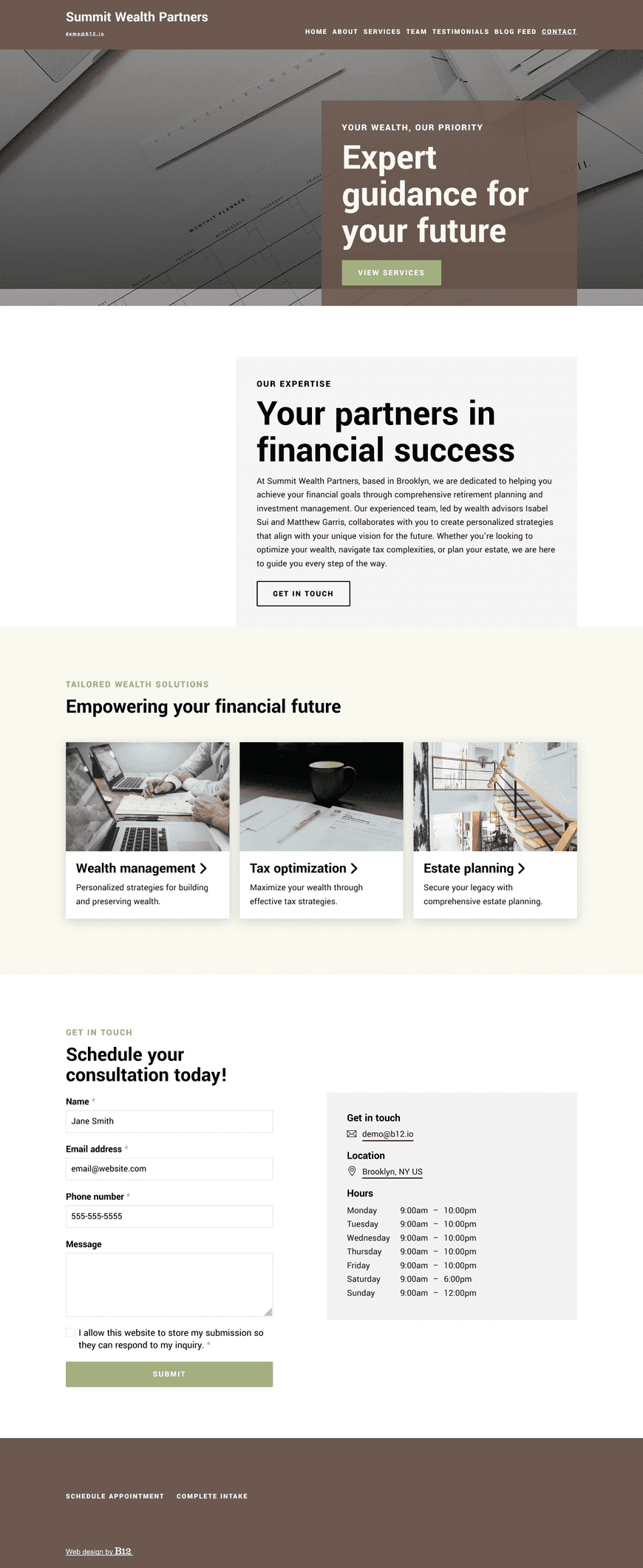 Summit Wealth Partners specializes in retirement planning and investment management. The site should include introduce our team (wealth advisors Isabel Sui and Matthew Garris) and list our services (wealth management, tax optimization, and estate planning). We also want client testimonials, a blog with articles on market trends and financial tips, and a contact page for scheduling consultations.
