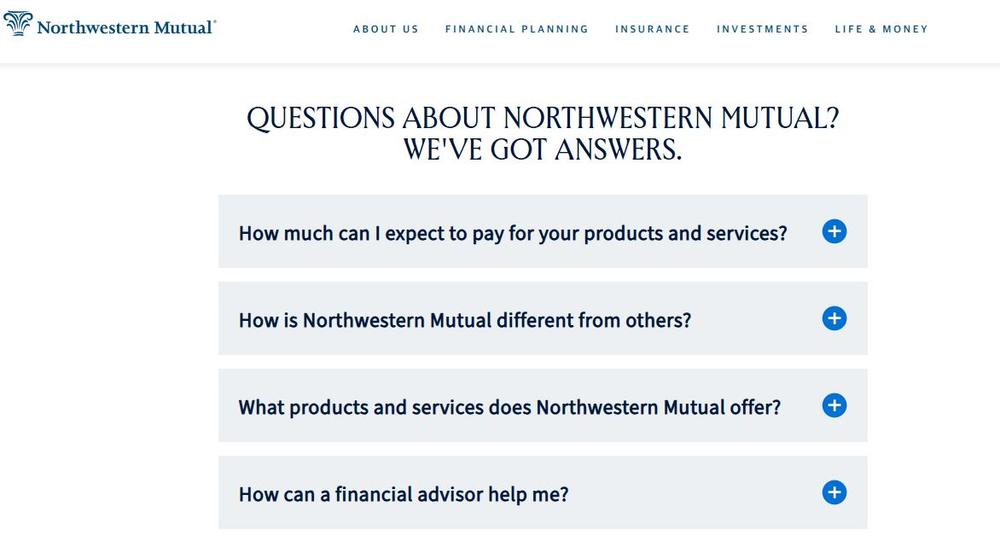 Screenshot of Northwestern Mutual Insurance’s FAQ page