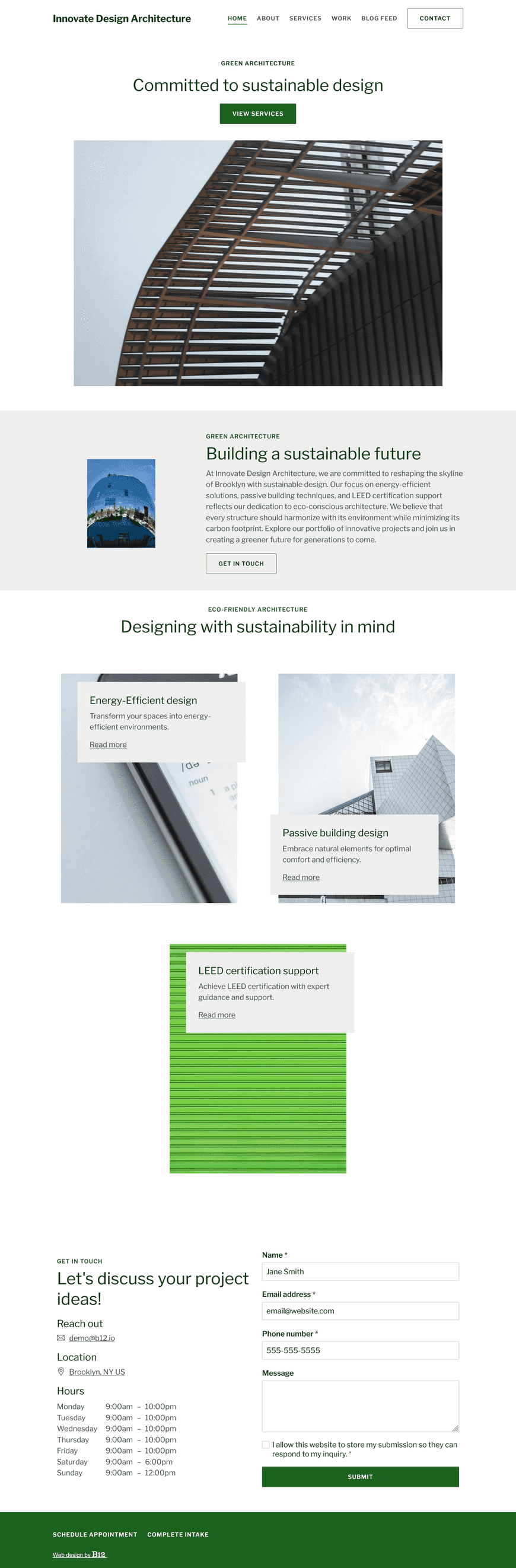 An architecture firm dedicated to sustainable design. Our services include energy-efficient design, passive building, and LEED certification support. The site should explain our commitment to green building practices and show our portfolio of eco-conscious projects. Add a blog for articles on sustainability trends and a form for inquiries.