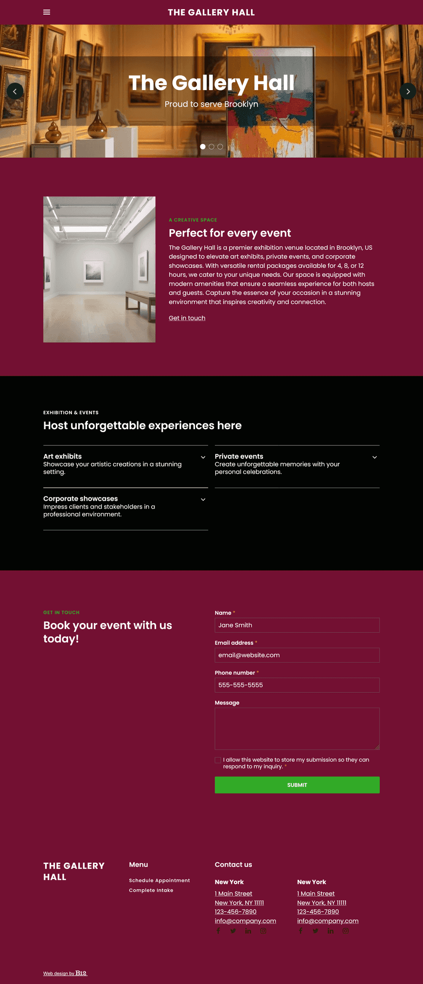 The Gallery Hall is an exhibition space we rent for hosting art exhibits, private events, and corporate showcases. We want a simple site that describes the venue’s features and amenities, outlines rental packages (4, 8, or 12 hours), has a gallery with photos of past events, and a contact form for bookings. 