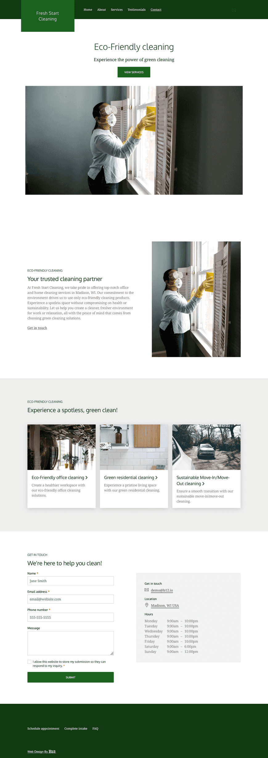 I provide office and home cleaning services in Madison, WI. I want the site to emphasize that I only use eco-friendly products. It should have a quote form, testimonials, and FAQs about how to book services and payment methods I accept.